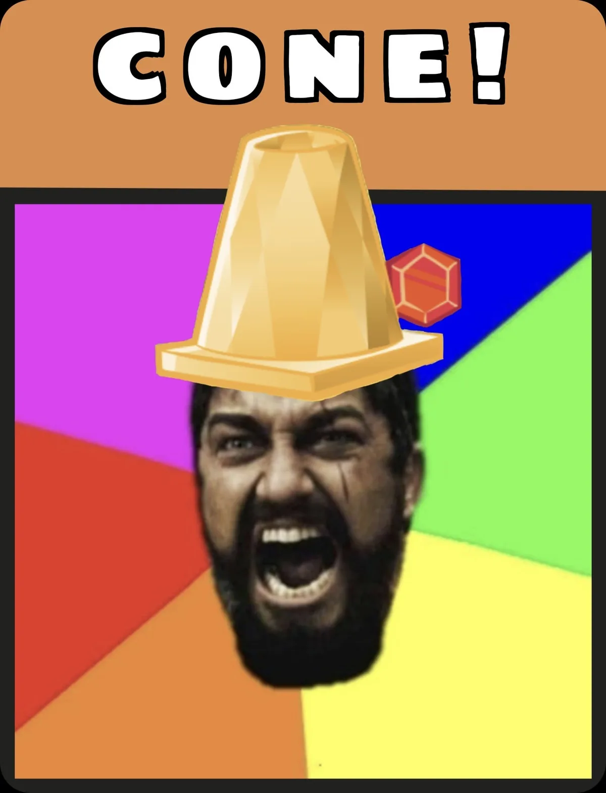 A man with a beard is screaming with his mouth wide open, and a yellow traffic cone is placed on his head. The background is…
