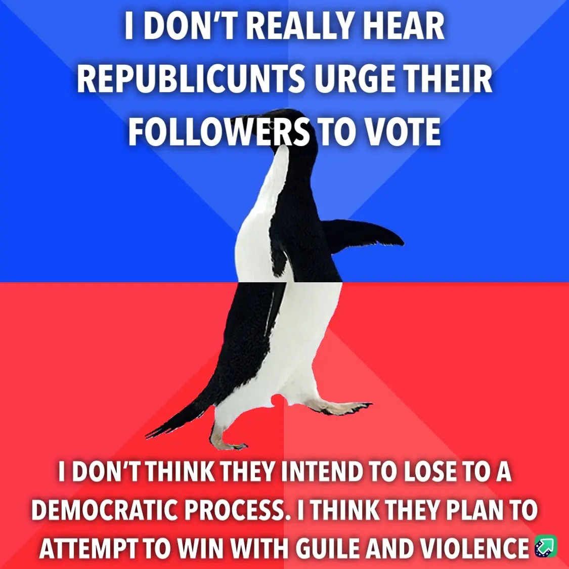 A penguin walks across a blue and red background, with white text overlaid in two sections. The top text reads 'I DON'T…