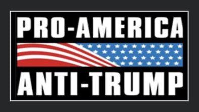 A black rectangular sticker with bold white text reading 'PRO-AMERICA' at the top and 'ANTI-TRUMP' at the bottom, separated…