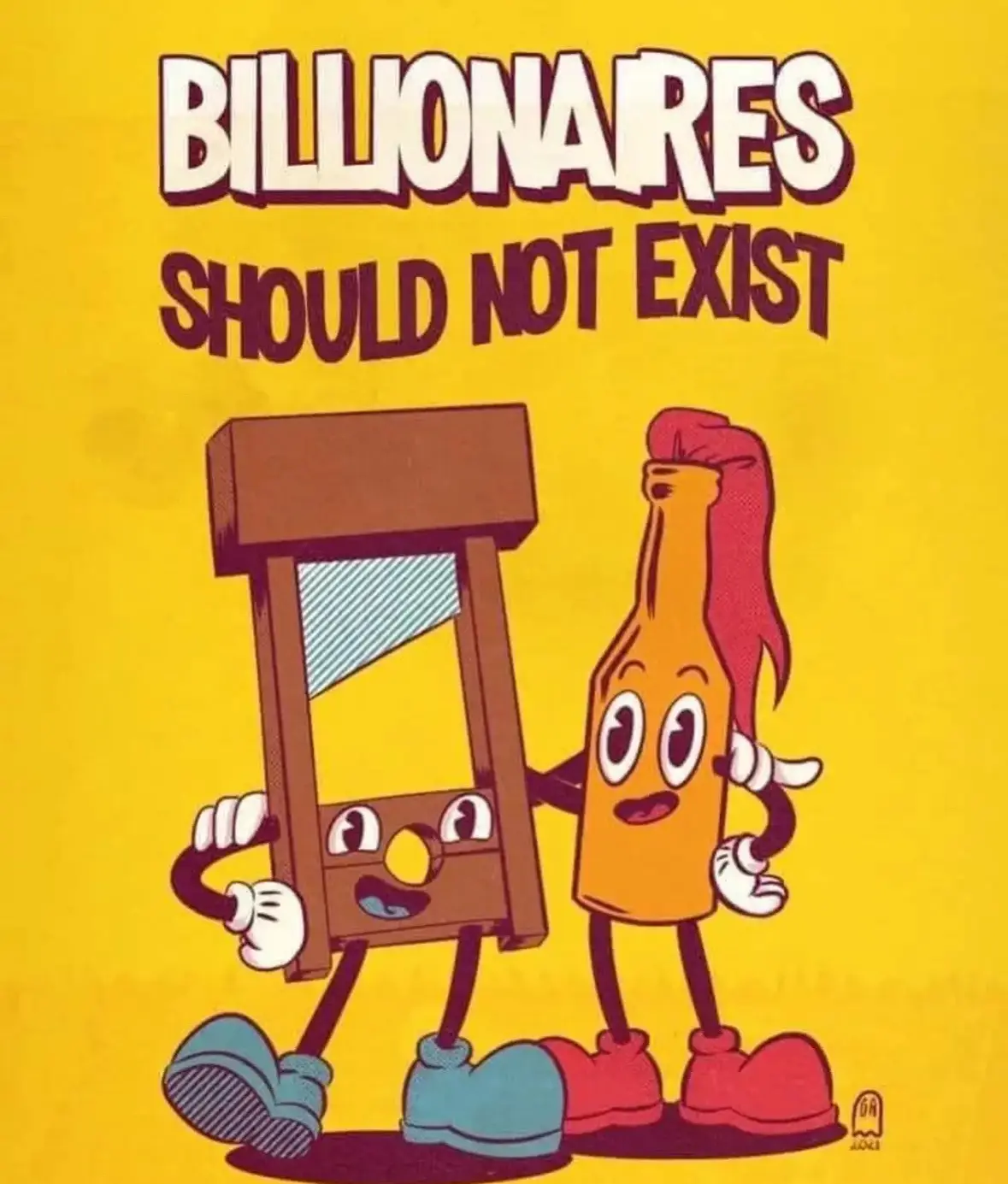 A cartoon illustration on a yellow background shows two anthropomorphic characters: a smiling guillotine with blue shoes and…