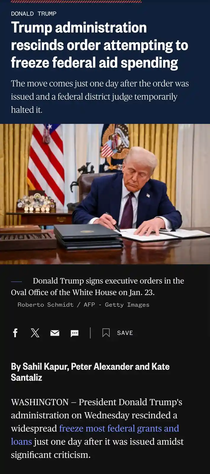A screenshot of a news article shows Donald Trump signing documents at his desk in the Oval Office, with an American flag…