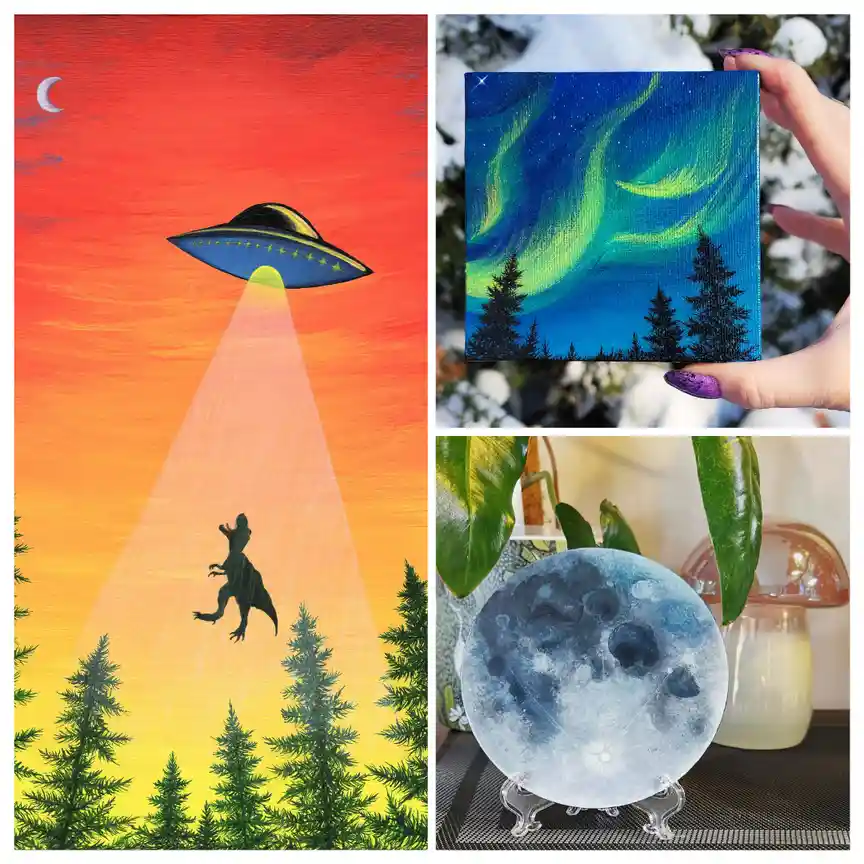 A collage of three images: a painting of a UFO abducting a dinosaur under a sunset, a hand holding a small painting of the…