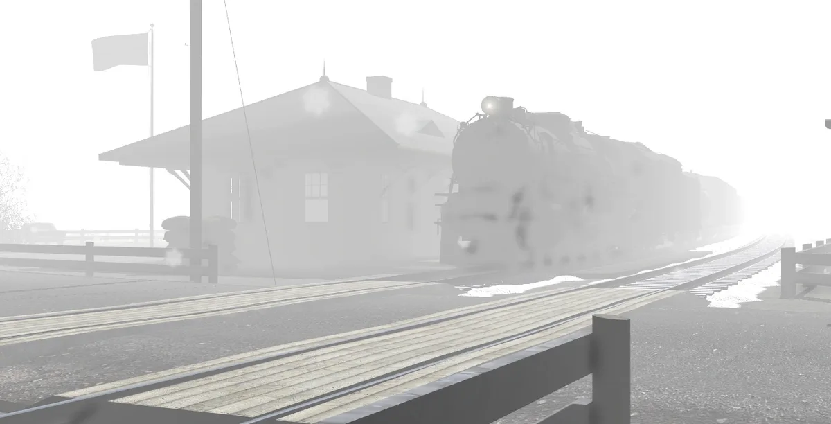 A grayscale, foggy image of a steam train approaching a station platform, with a flagpole and fence visible. The overlaid…