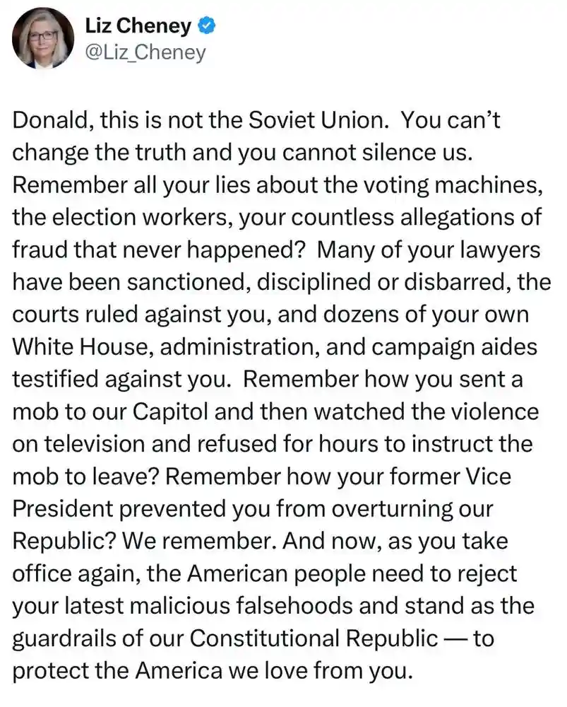 A screenshot of a tweet from Liz Cheney's verified Twitter account, showing her profile picture and a long message addressed…