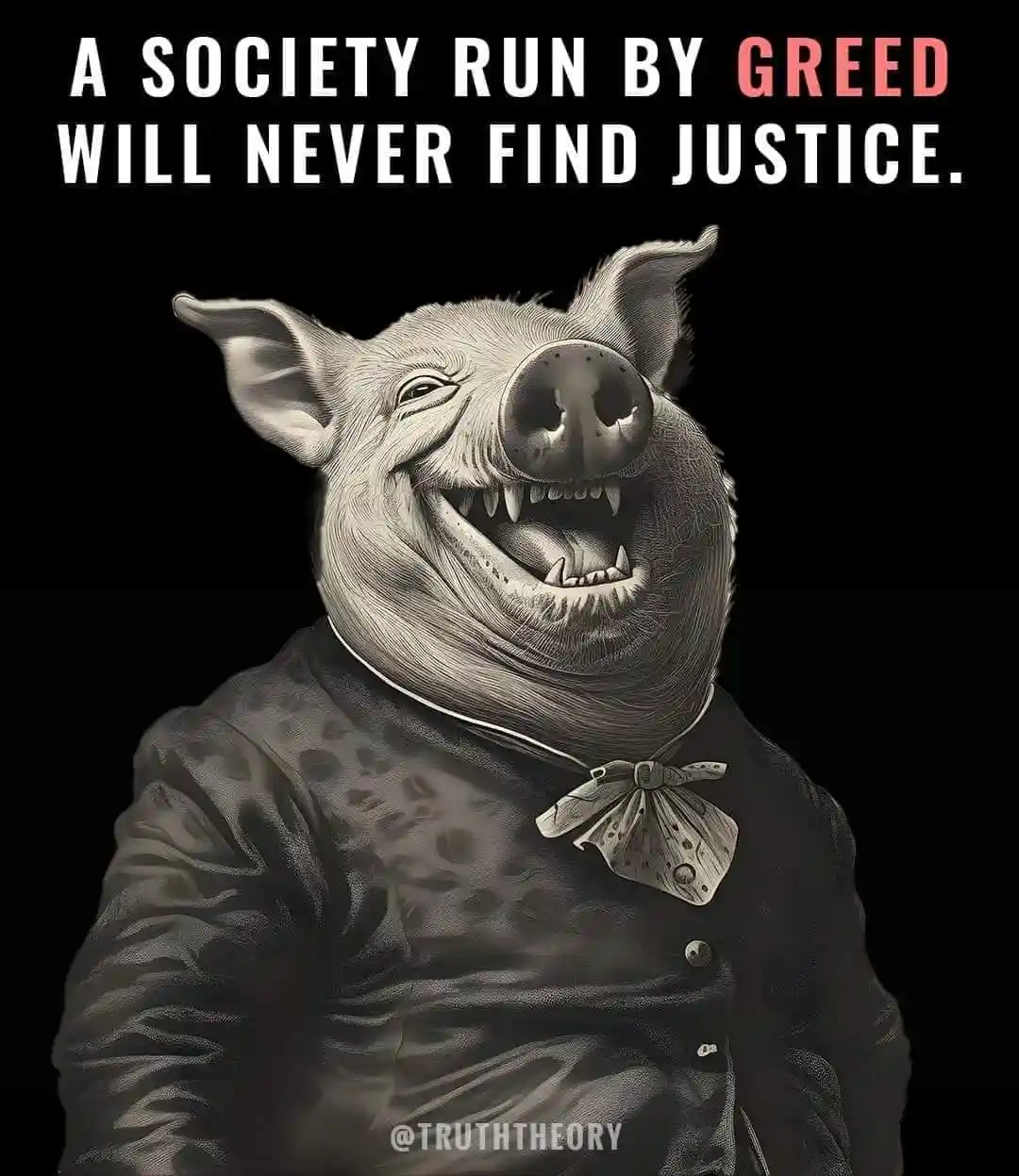 A black-and-white illustration of a pig wearing a formal jacket and bow tie, grinning widely with sharp teeth. The text at…