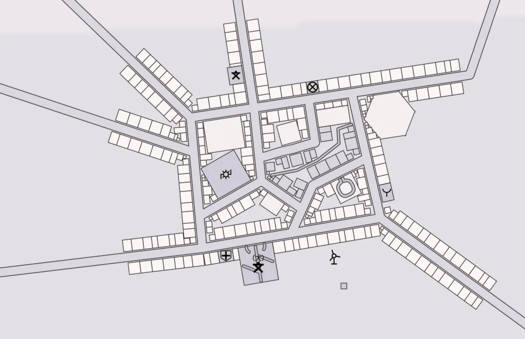 a minimalist black-and-white map of a town layout with various buildings and streets, featuring a sun symbol in the center…