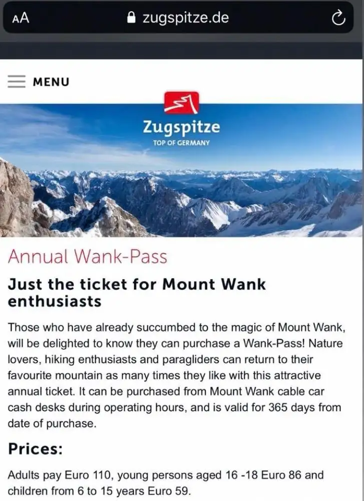 A screenshot of the Zugspitze website showing an 'Annual Wank-Pass' product page. The page features a scenic mountain photo…