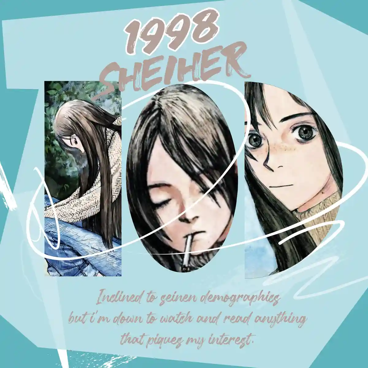 The image displays three anime-style portraits of a young woman against a light blue background with white brushstroke…