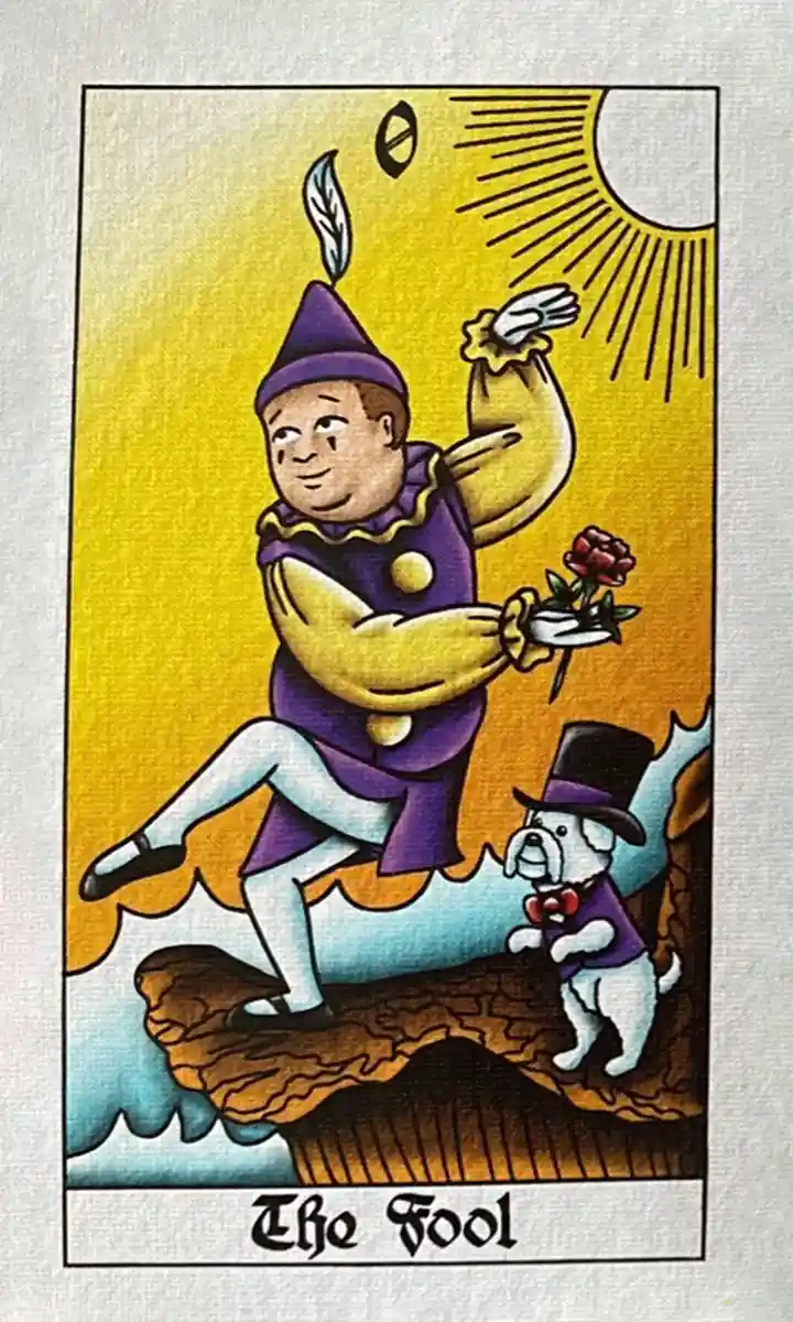 The image shows a classic tarot card, 'The Fool,' depicting a jester in purple and yellow clothing, holding a red rose and a…