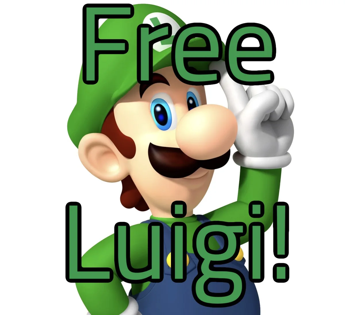 A cheerful 3D-rendered Luigi from the Mario franchise, wearing his signature green hat and overalls, raises his right hand…