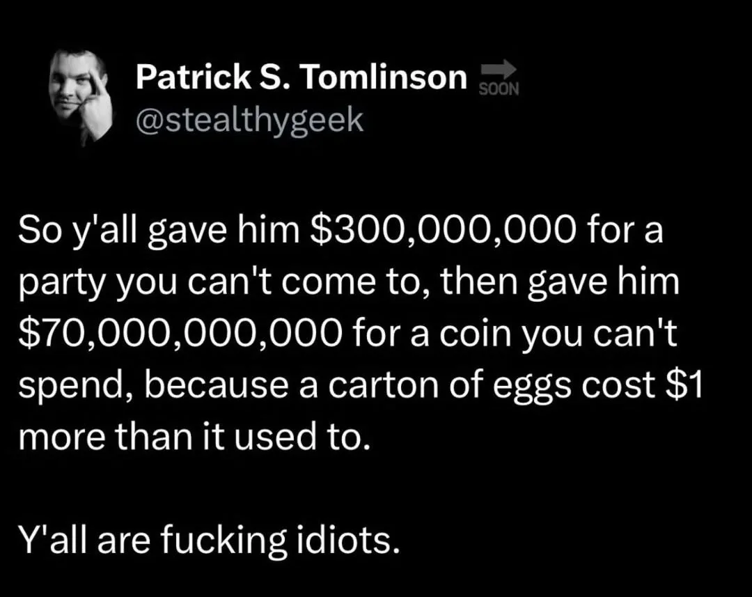 A black-and-white image of a tweet from Patrick S. Tomlinson (@stealthygeek) with a small profile picture of him looking…