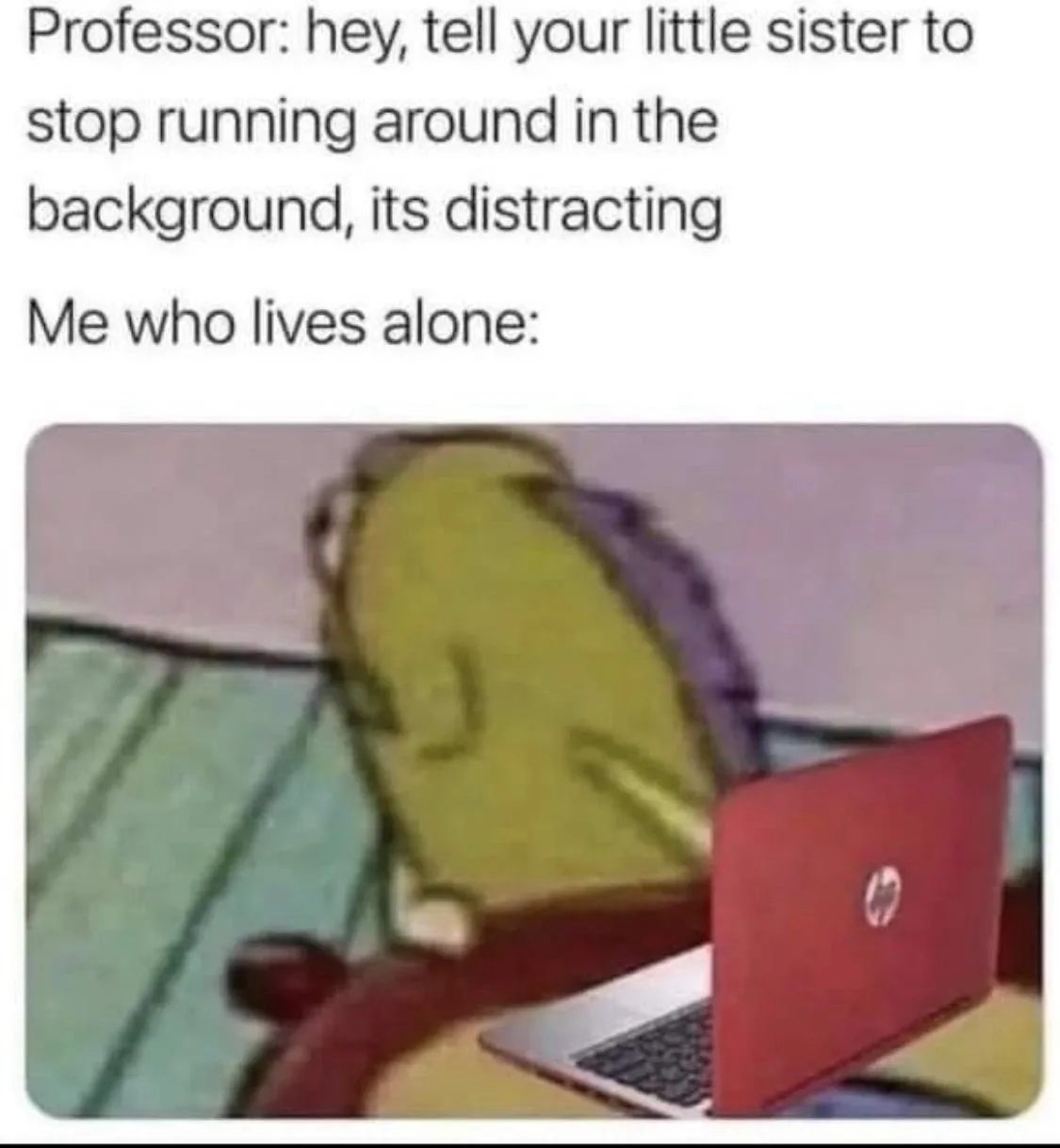 The image shows a blurry, cartoonish yellow character with glasses, viewed from behind, sitting at a desk with a red HP…
