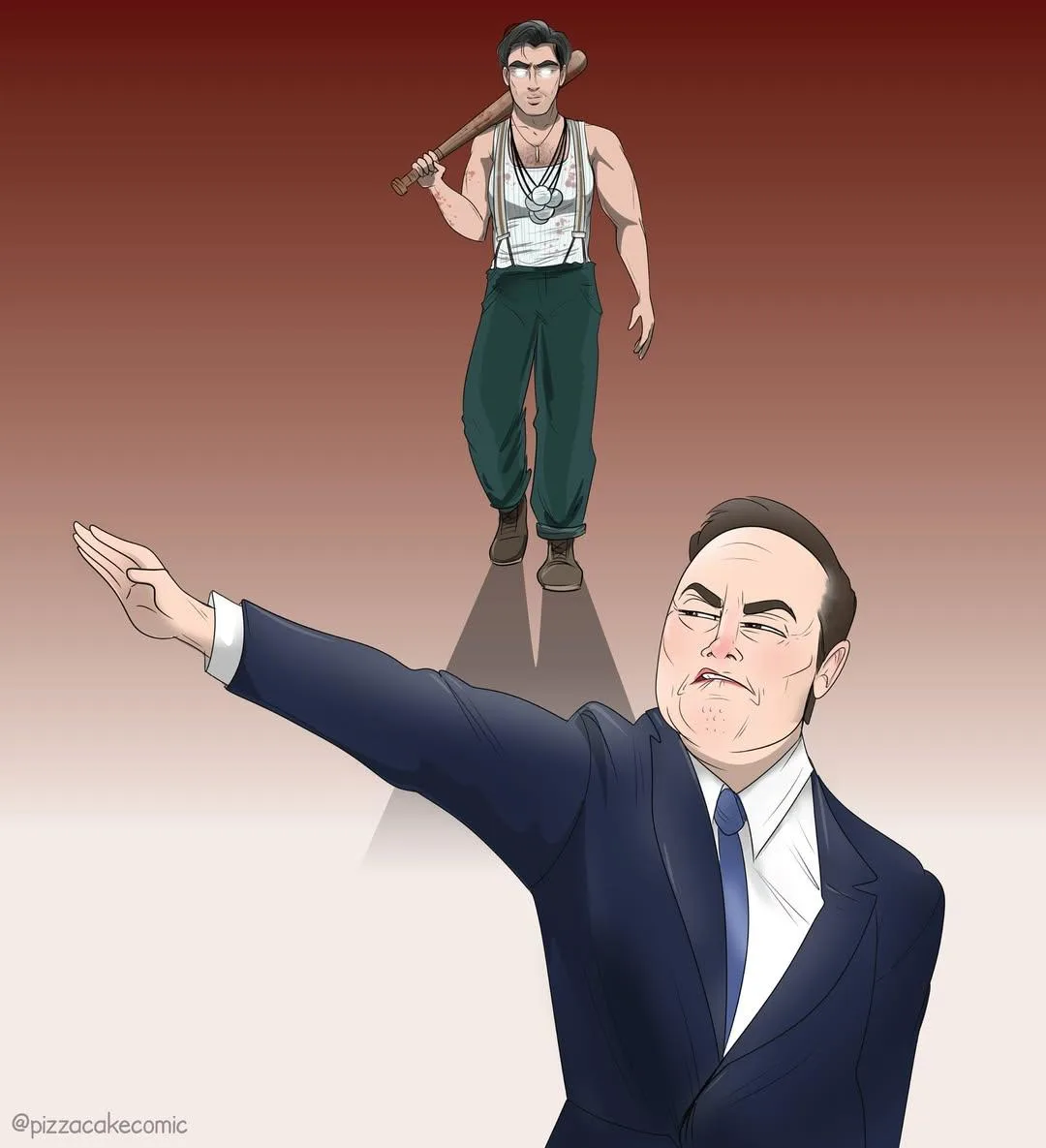 An illustration shows a man in a suit gesturing upward while a menacing man in overalls holding a baseball bat stands above…