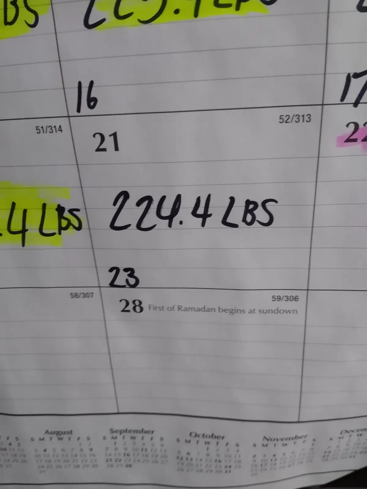 A close-up of a handwritten weight tracking calendar shows '224.4 LBS' written in large black ink on a grid. Other dates…