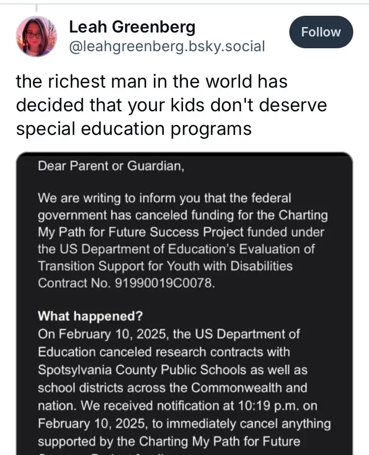 A screenshot of a tweet by Leah Greenberg showing a dark-themed email from the US Department of Education informing parents…