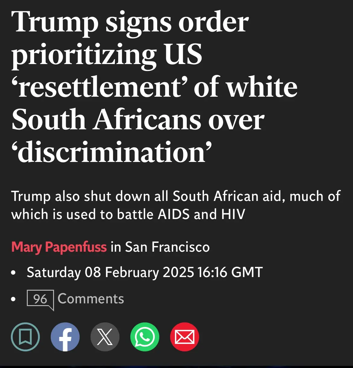 The image displays a fake news article headline in white text on a dark background, falsely claiming Trump signed an order…