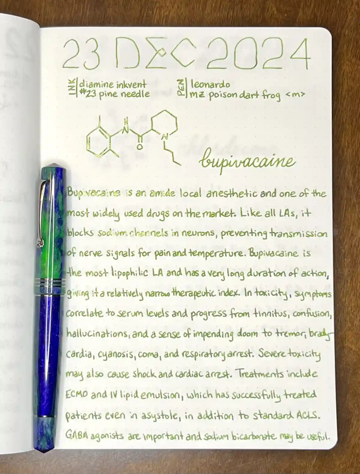 A handwritten notebook entry dated 23 DEC 2024, detailing the drug bupivacaine with its chemical structure, properties, and…