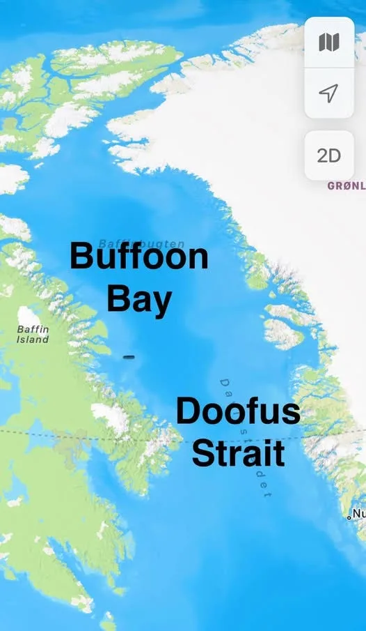 A screenshot of a map app showing a body of water labeled 'Buffoon Bay' and a strait labeled 'Doofus Strait' near Baffin…