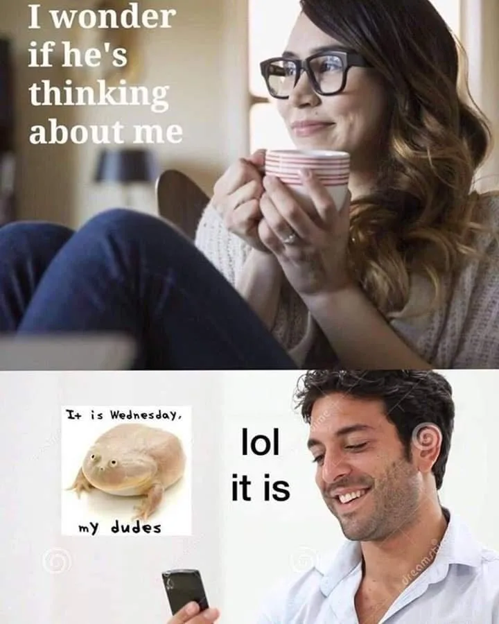 The top panel shows a woman with glasses holding a mug, looking thoughtfully off-camera with text saying 'I wonder if he's…