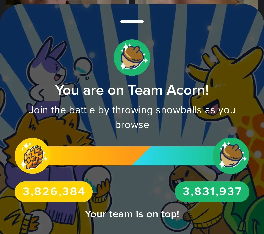 A screenshot of a mobile game interface showing a team battle between 'Team Acorn' and 'Team Pinecone', with scores of…