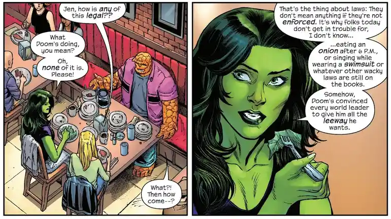 A comic panel shows She-Hulk at a restaurant table with other people, including the Thing. She is speaking to someone…