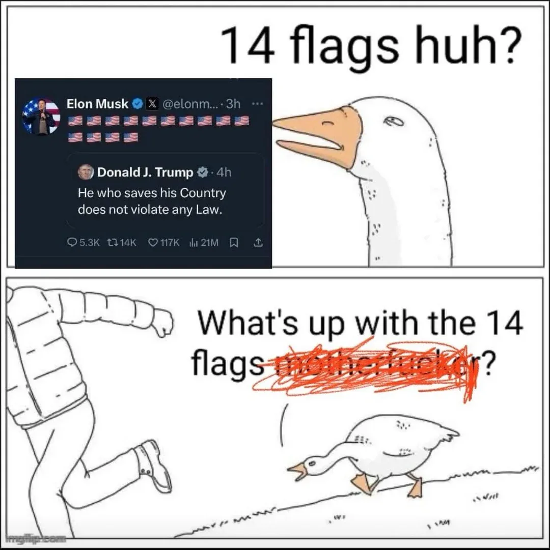 The top panel shows a screenshot of a Twitter thread where Elon Musk posts 14 American flags, and Donald J. Trump replies…