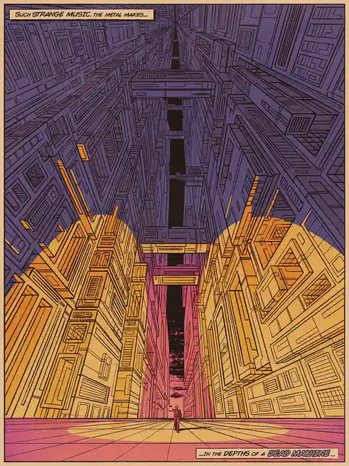 A stylized, comic-book panel depicts a lone figure walking down a vast, symmetrical corridor of towering, geometric…