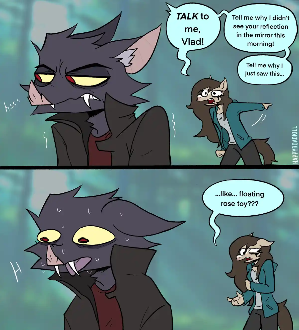 A two-panel comic shows a dark, angry werewolf-like character named Vlad being confronted by a panicked woman. In the first…