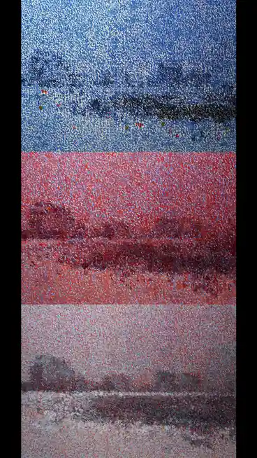 The image shows a vertically split abstract painting with three horizontal bands: a blue top section with speckled texture…