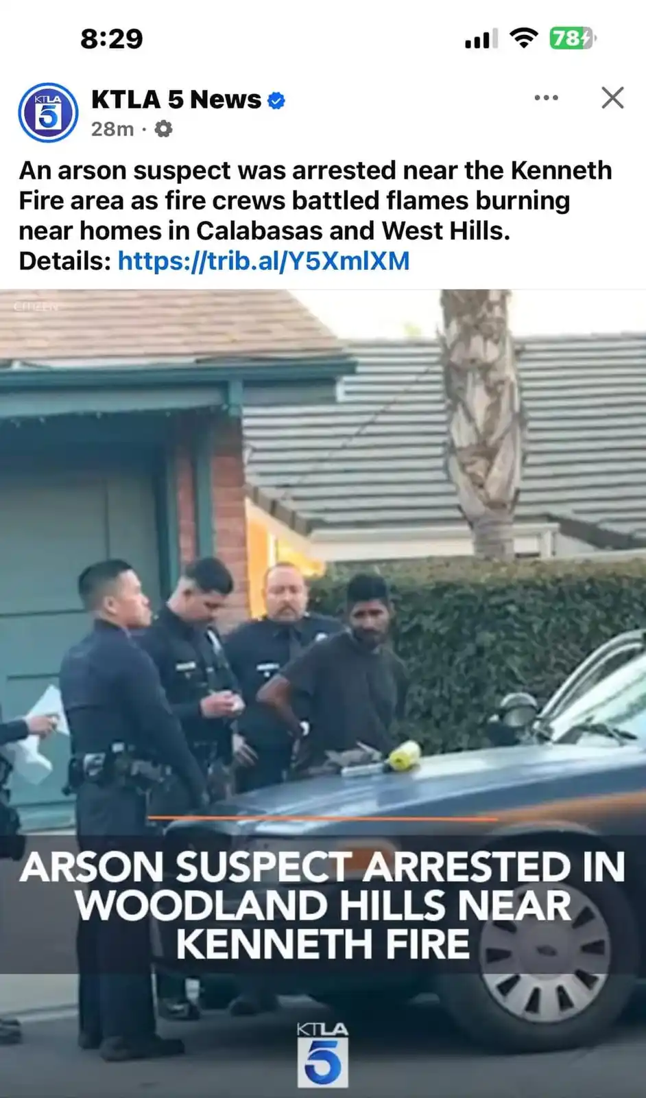 A screenshot of a KTLA 5 News social media post shows police officers arresting a man near a house, with flames visible in…