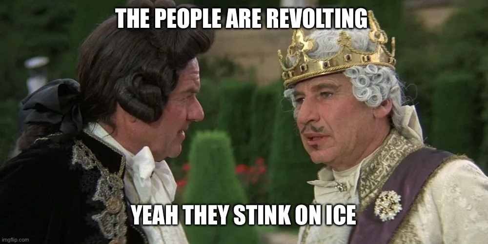 Two men in historical royal costumes face each other; one wears a crown and white wig, the other has a black powdered wig…