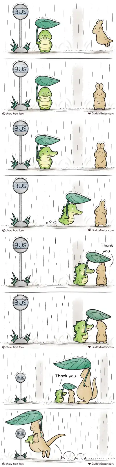 A comic strip shows a small green crocodile using a large leaf as an umbrella at a bus stop during rain. A brown rabbit…