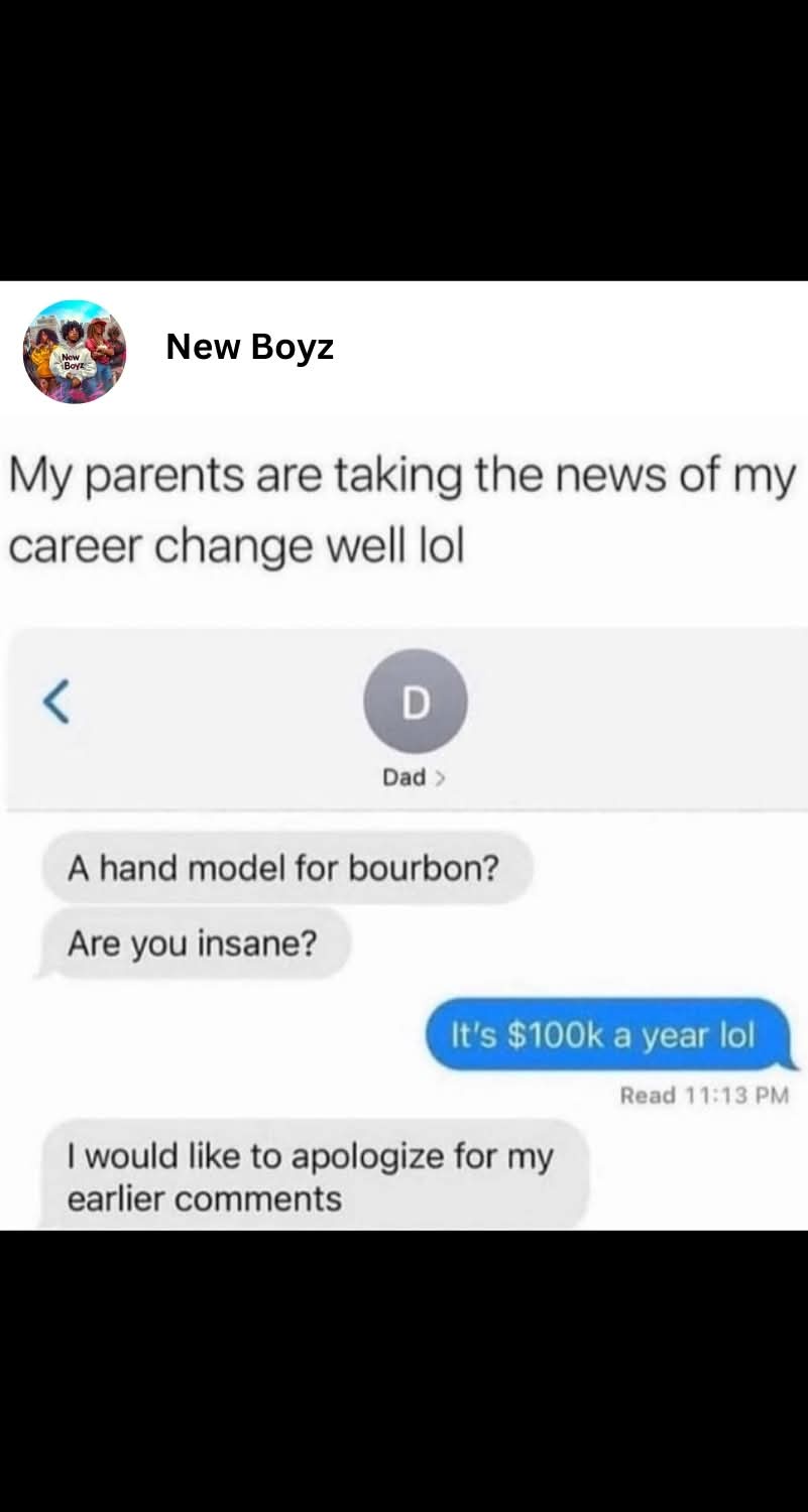 A screenshot of a text conversation where a user named 'New Boyz' shares that their parents are reacting well to their…