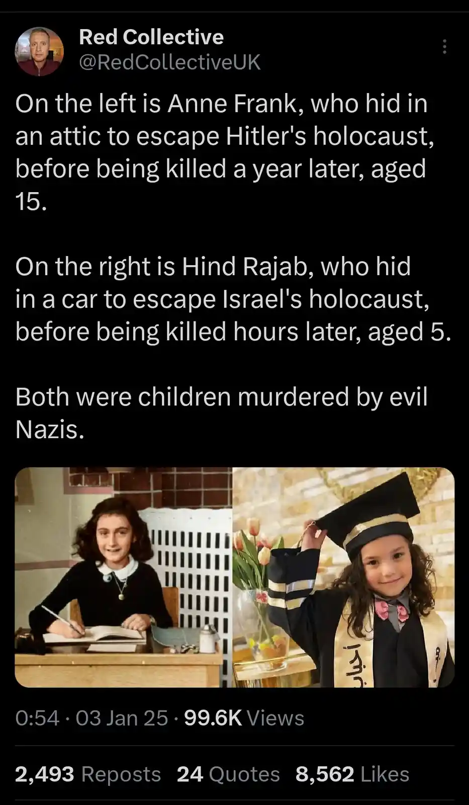 The image displays two side-by-side photos: on the left, a young girl, Anne Frank, seated at a desk writing; on the right, a…