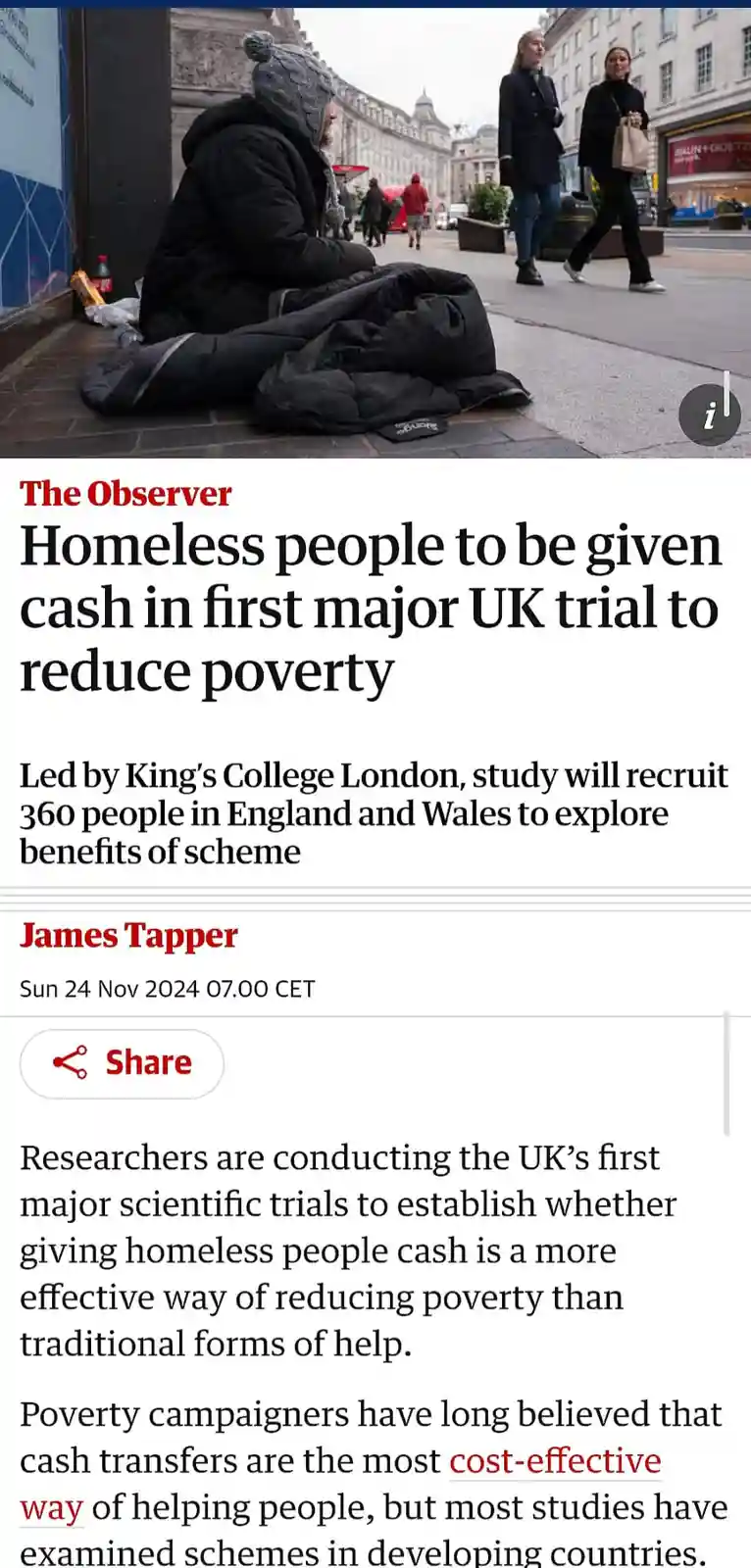 A screenshot of a The Observer news article about a UK trial giving cash to homeless people to reduce poverty, overlaid on a…
