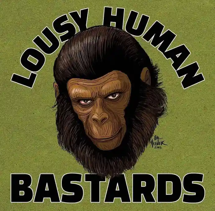 A cartoon illustration of a chimpanzee's head with a stern, angry expression, set against a solid olive green background…