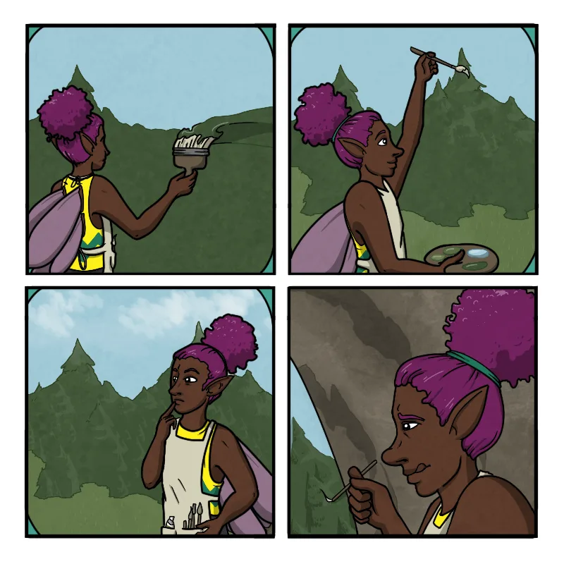 A four-panel comic shows a purple-haired elf-like woman painting a mountain. In the first panel, she holds a paintbrush and…