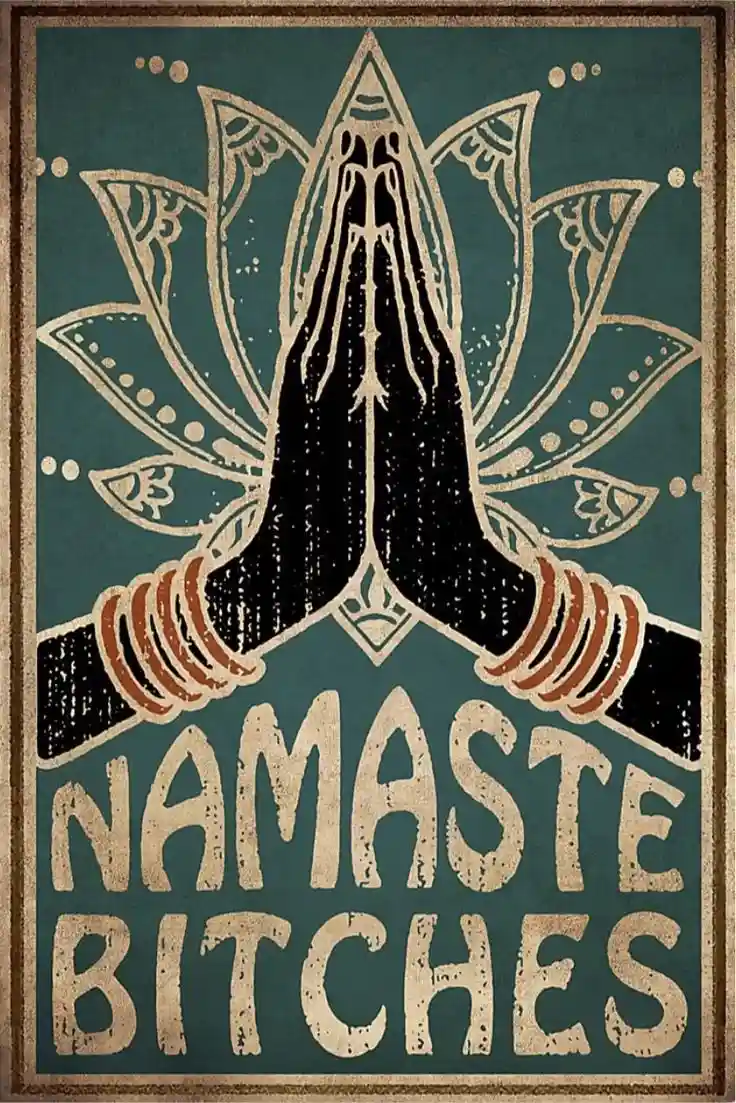 A vintage-style poster features a pair of black hands in prayer position (namaste gesture) framed by a stylized golden lotus…