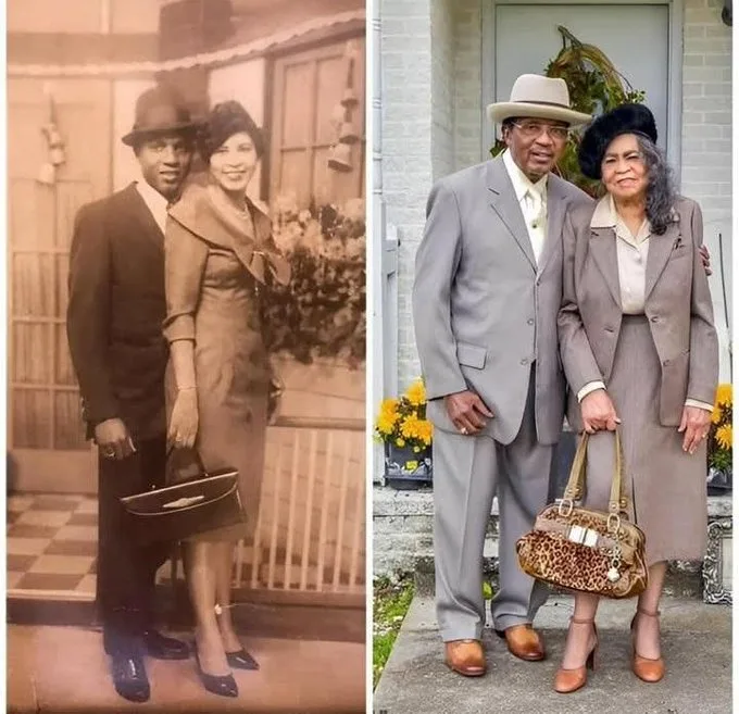 A side-by-side comparison of an elderly couple in modern attire standing outside a house, juxtaposed with a vintage…
