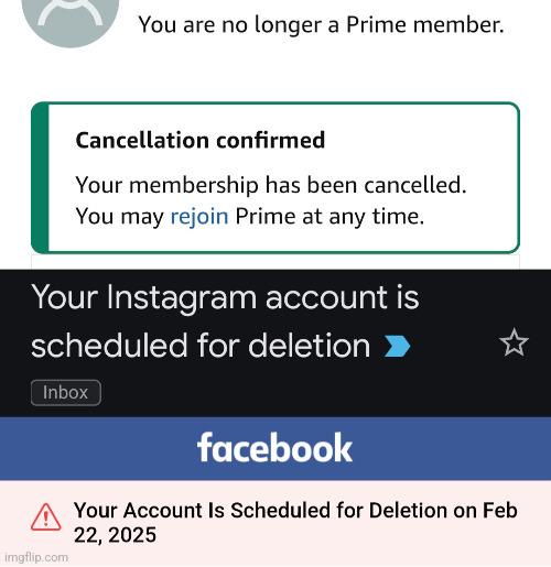 A screenshot collage shows a Prime membership cancellation notification, followed by a Facebook inbox message stating 'Your…