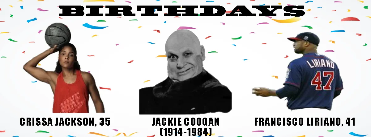 A birthday meme template with confetti background featuring three people: a basketball player Crissa Jackson (35), a…