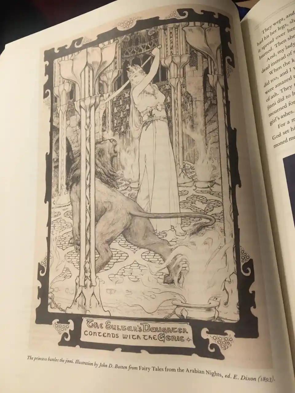 A vintage black-and-white illustration from a 1893 book depicts a princess in a long gown and crown wielding a sword against…