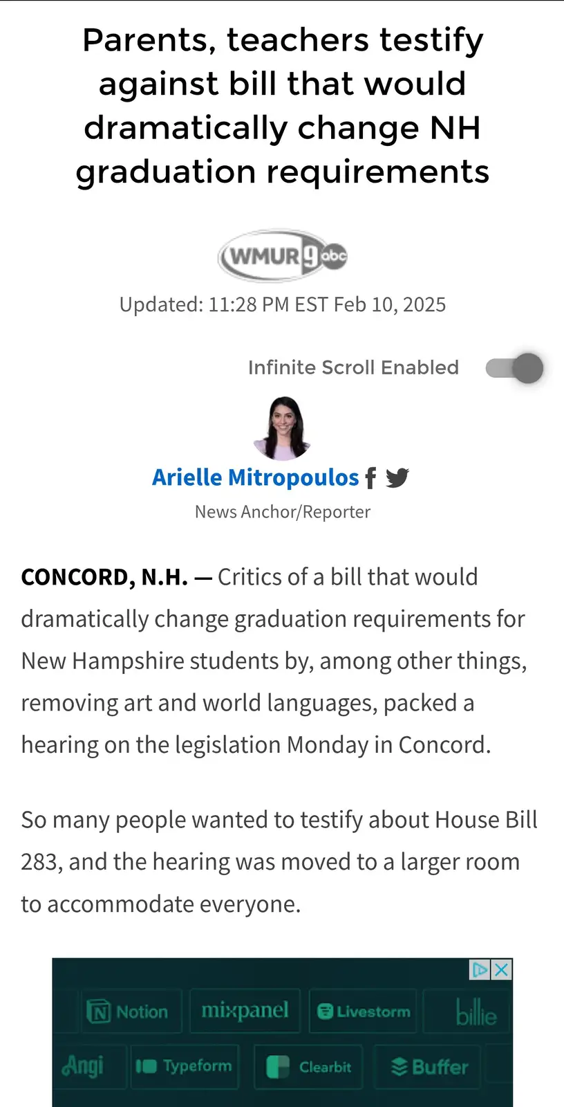 A screenshot of a WMUR9abc news article from February 10, 2025, reporting on a crowded public hearing in Concord, N.H…