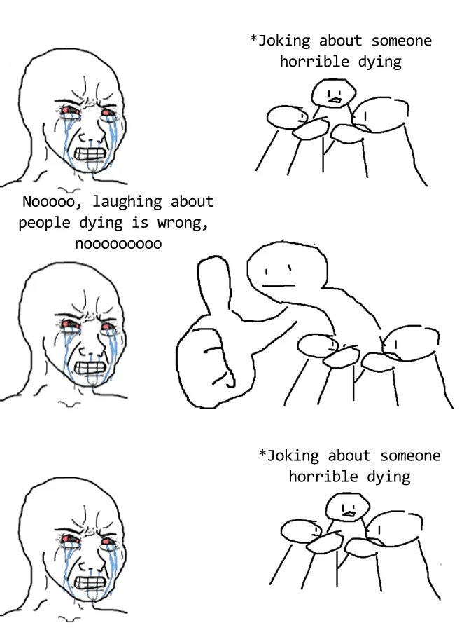 A four-panel comic strip featuring a crying, red-eyed man on the left and stick-figure characters on the right. The top and…