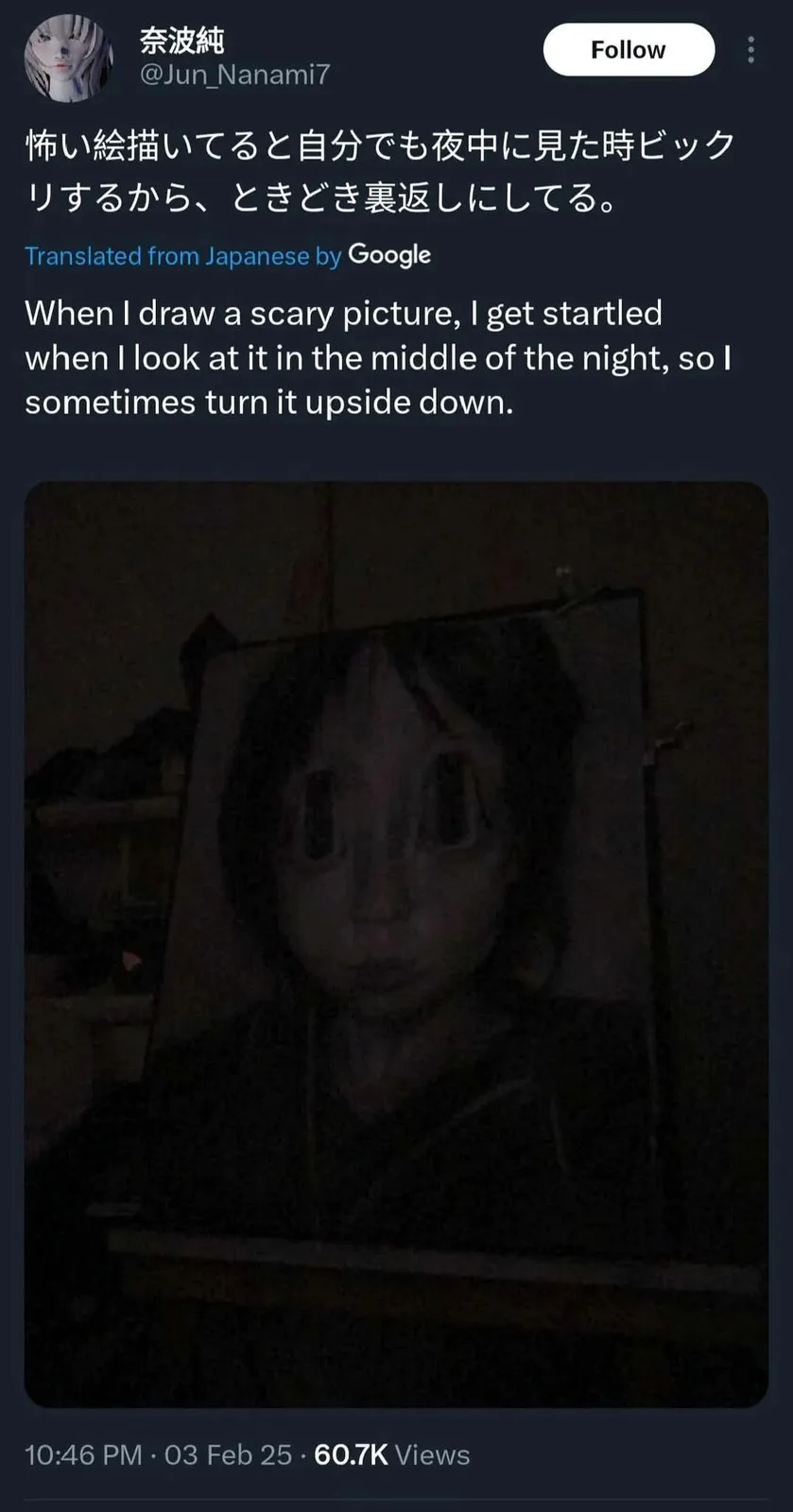 A dimly lit photo shows a drawing of a face with large, unsettling eyes on an easel. The overlaid text explains that the…