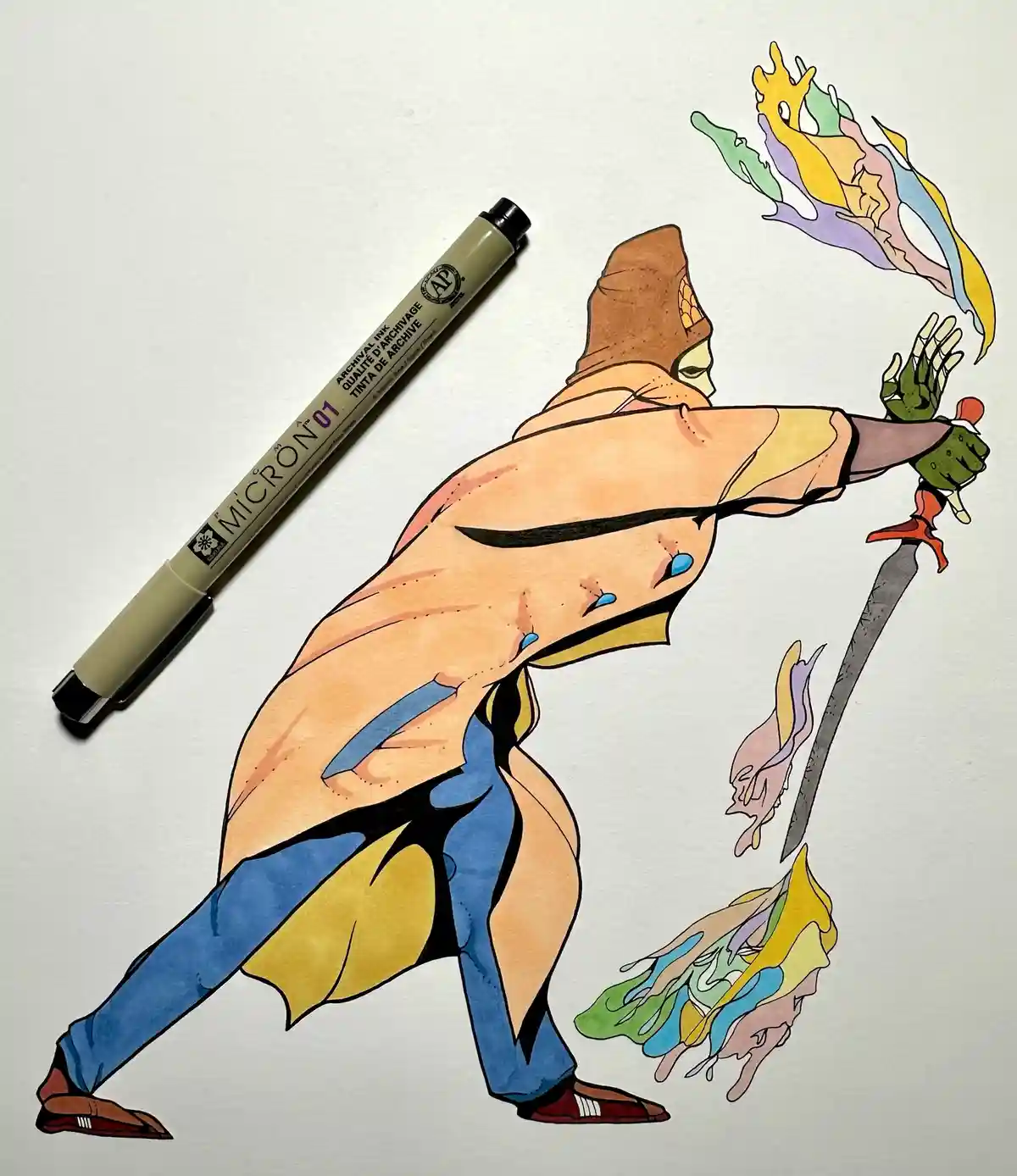 A hand-drawn illustration of a muscular, hooded warrior in a dynamic pose, wielding a sword with colorful, abstract paint…