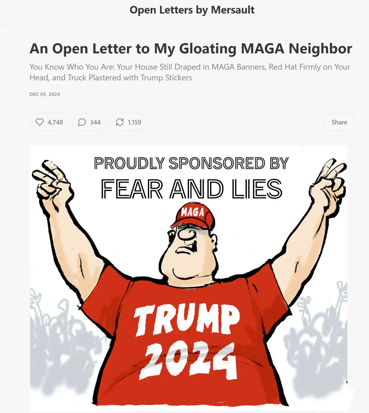 A cartoon illustration shows a man wearing a red MAGA hat and a red 'TRUMP 2024' t-shirt, raising both arms in a triumphant…