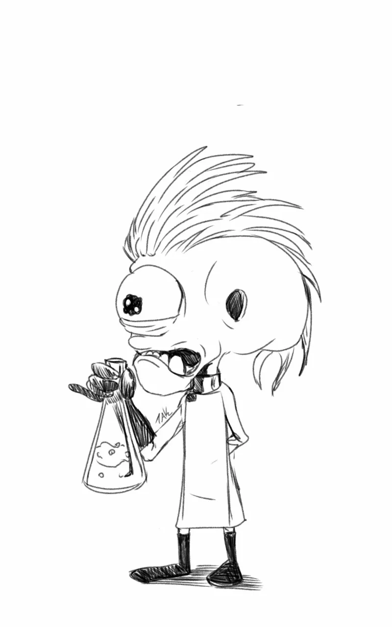 A black-and-white sketch shows a cartoon character with wild hair, one large eye and one small eye, wearing a lab coat and…