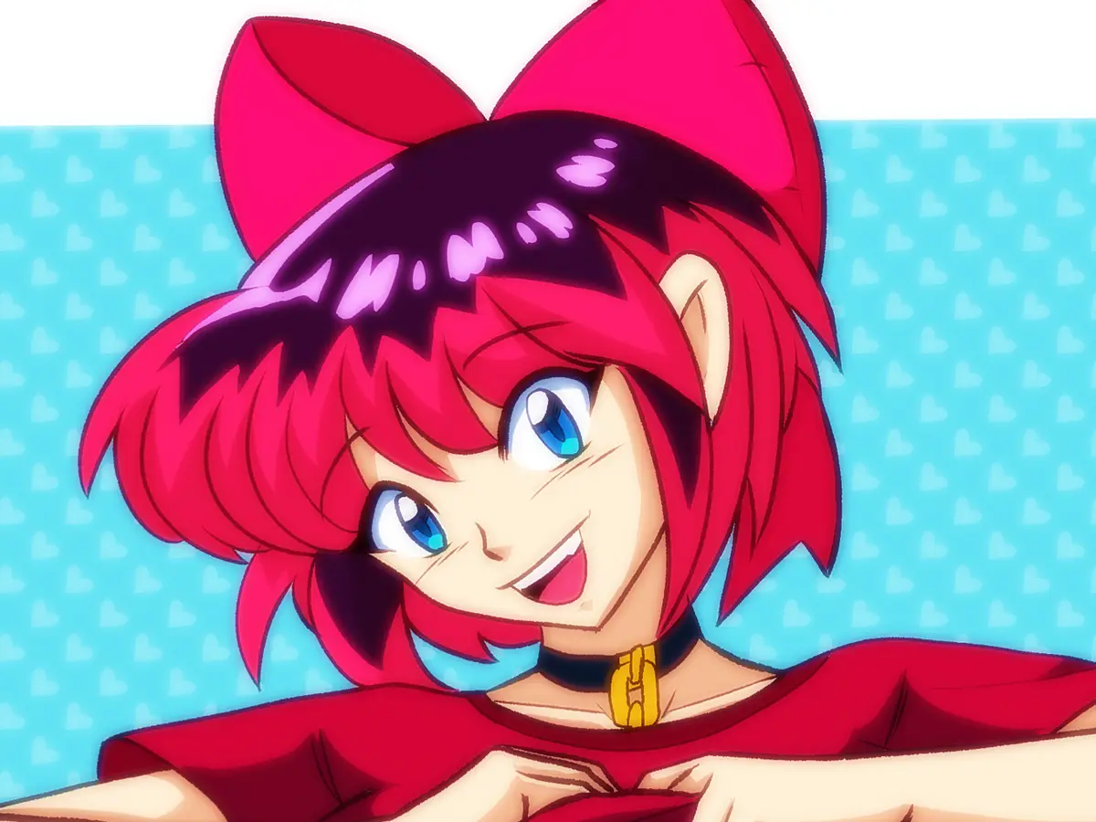 An anime-style girl with red hair, blue eyes, and a large red bow on her head smiles cheekily while lying on a light blue…