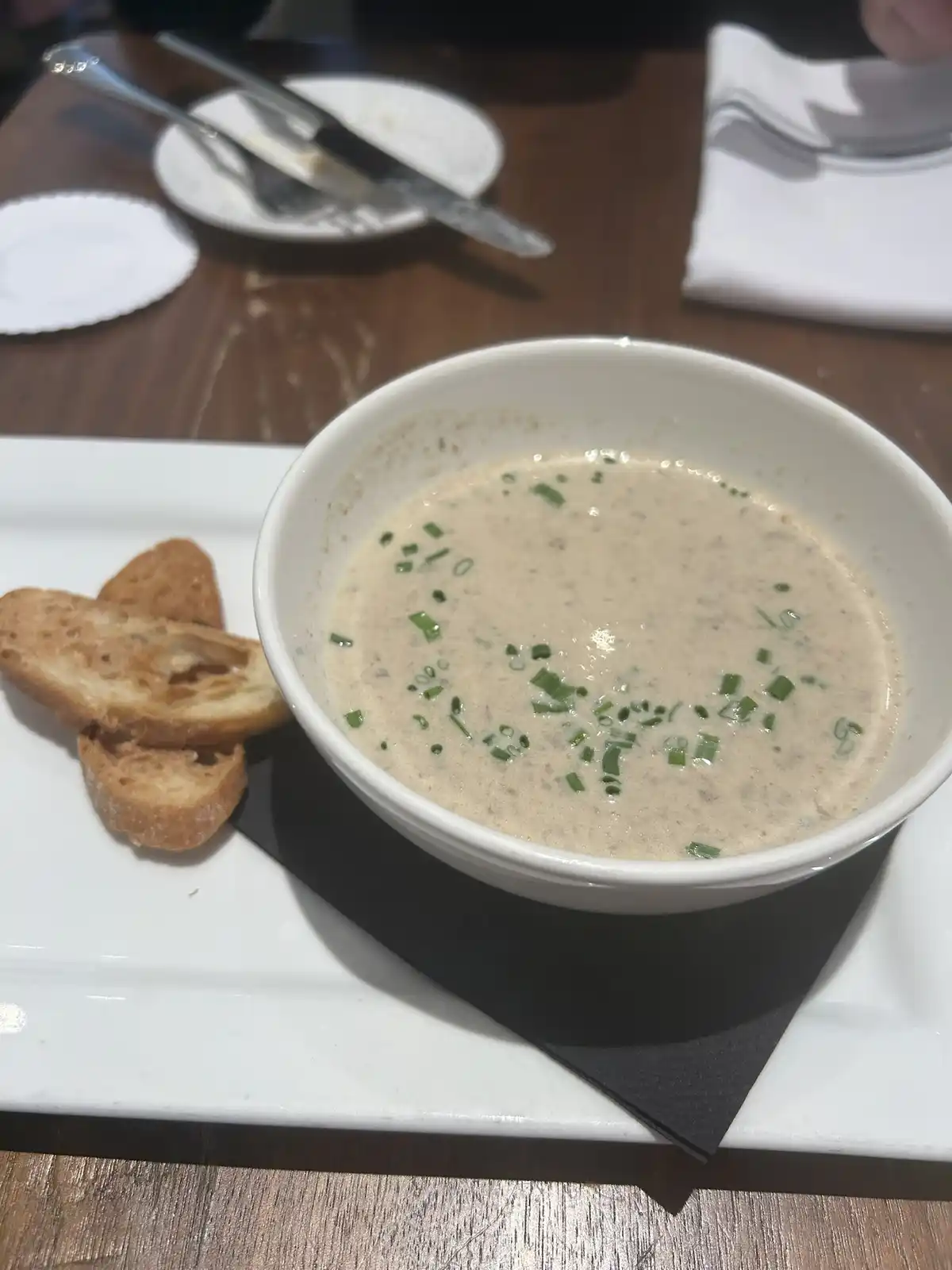 A close-up photo shows a white bowl of creamy soup garnished with chopped green onions, served on a white plate with toasted…